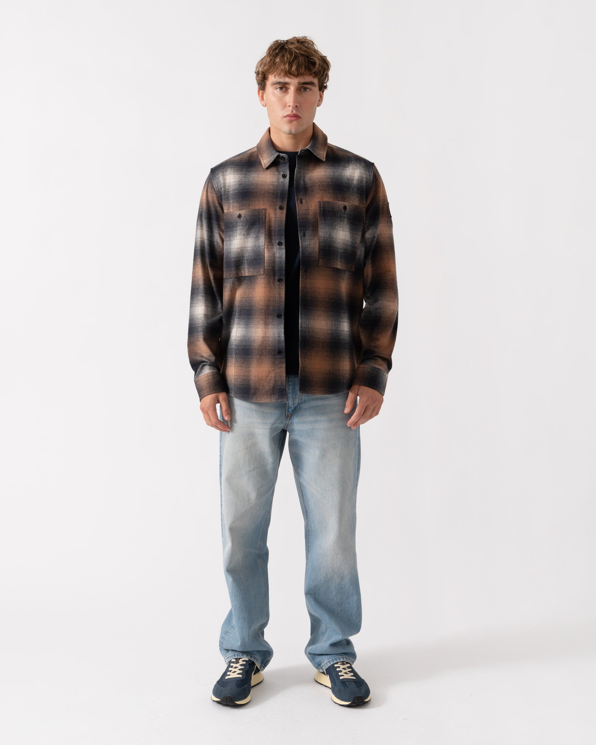 Outfit shot of Belstaff Mens Outpost Shirt Brushed Cotton Flannel - Maple Brown