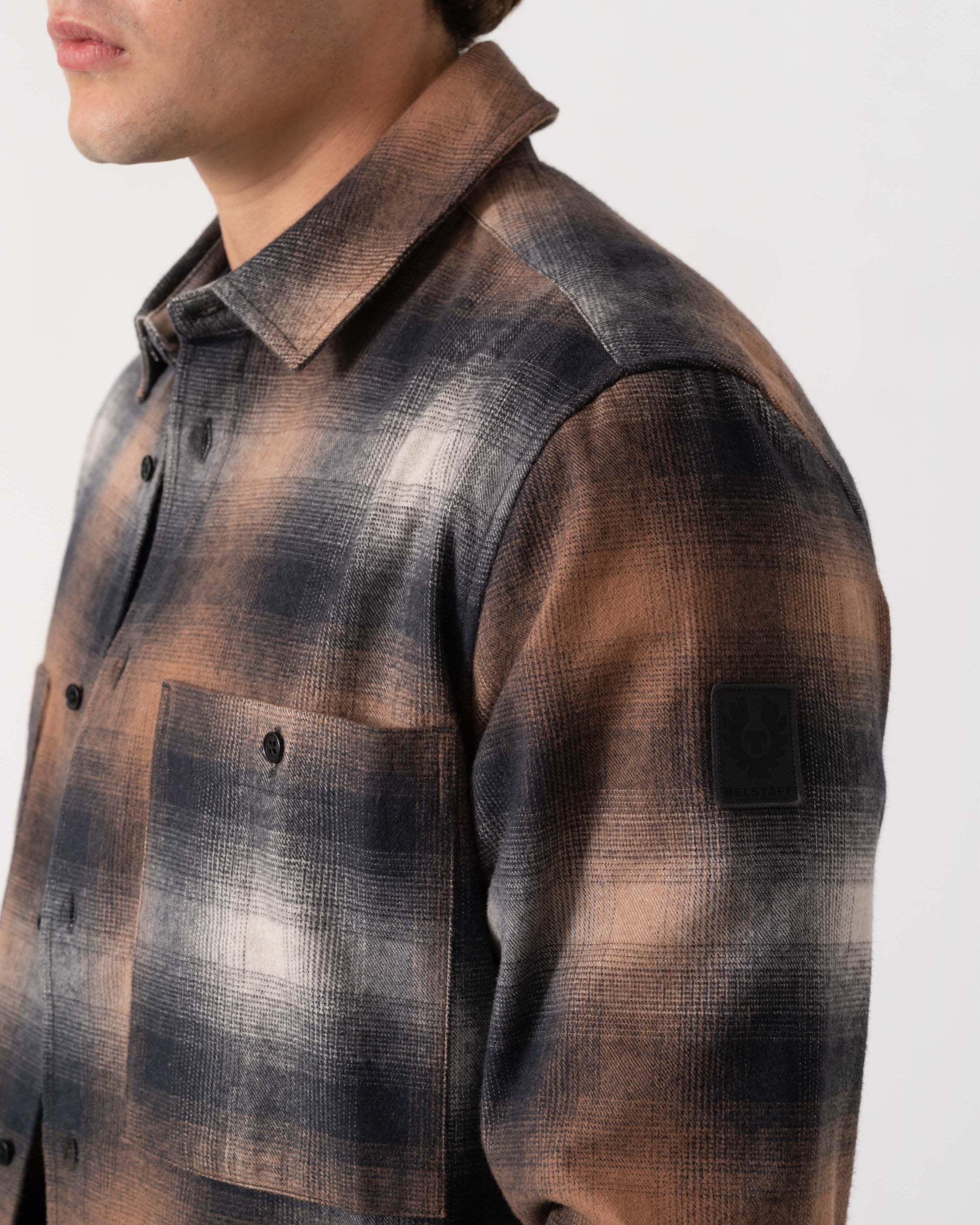 Detail shot of Belstaff Mens Outpost Shirt Brushed Cotton Flannel - Maple Brown