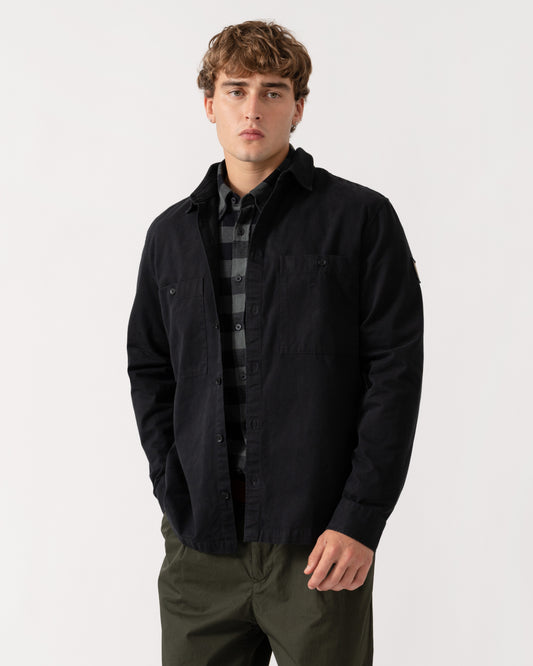Man wearing Belstaff Mens Outpost Shirt Cotton Herringbone - Black