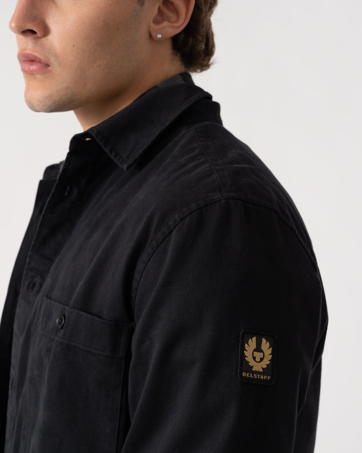 Logo patch of Belstaff Mens Outpost Shirt Cotton Herringbone - Black