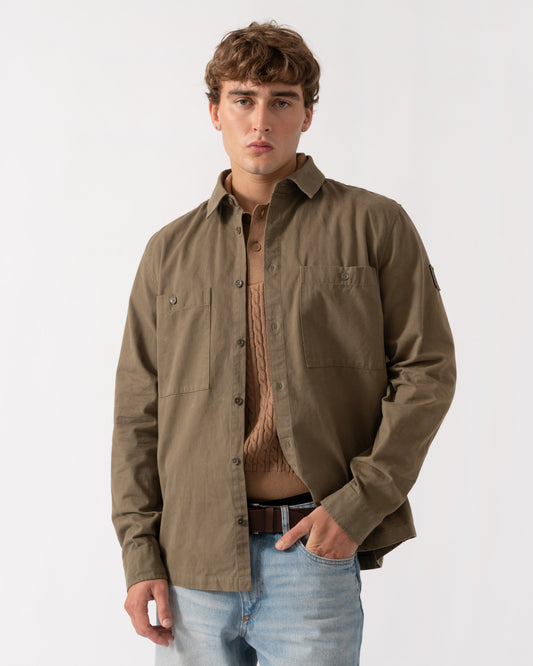 Front of Belstaff Mens Outpost Shirt Cotton Herringbone - Khaki Green