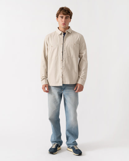 Outfit shot of Belstaff Mens Outpost Shirt Cotton Herringbone - Pale Stone