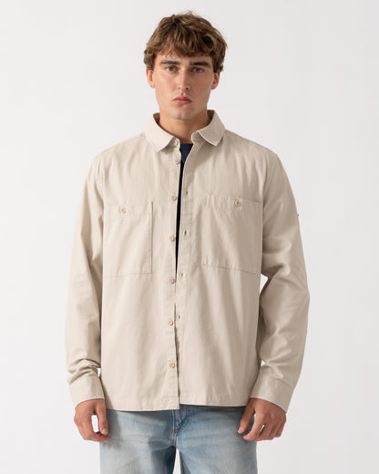 Man wearing Belstaff Mens Outpost Shirt Cotton Herringbone - Pale Stone