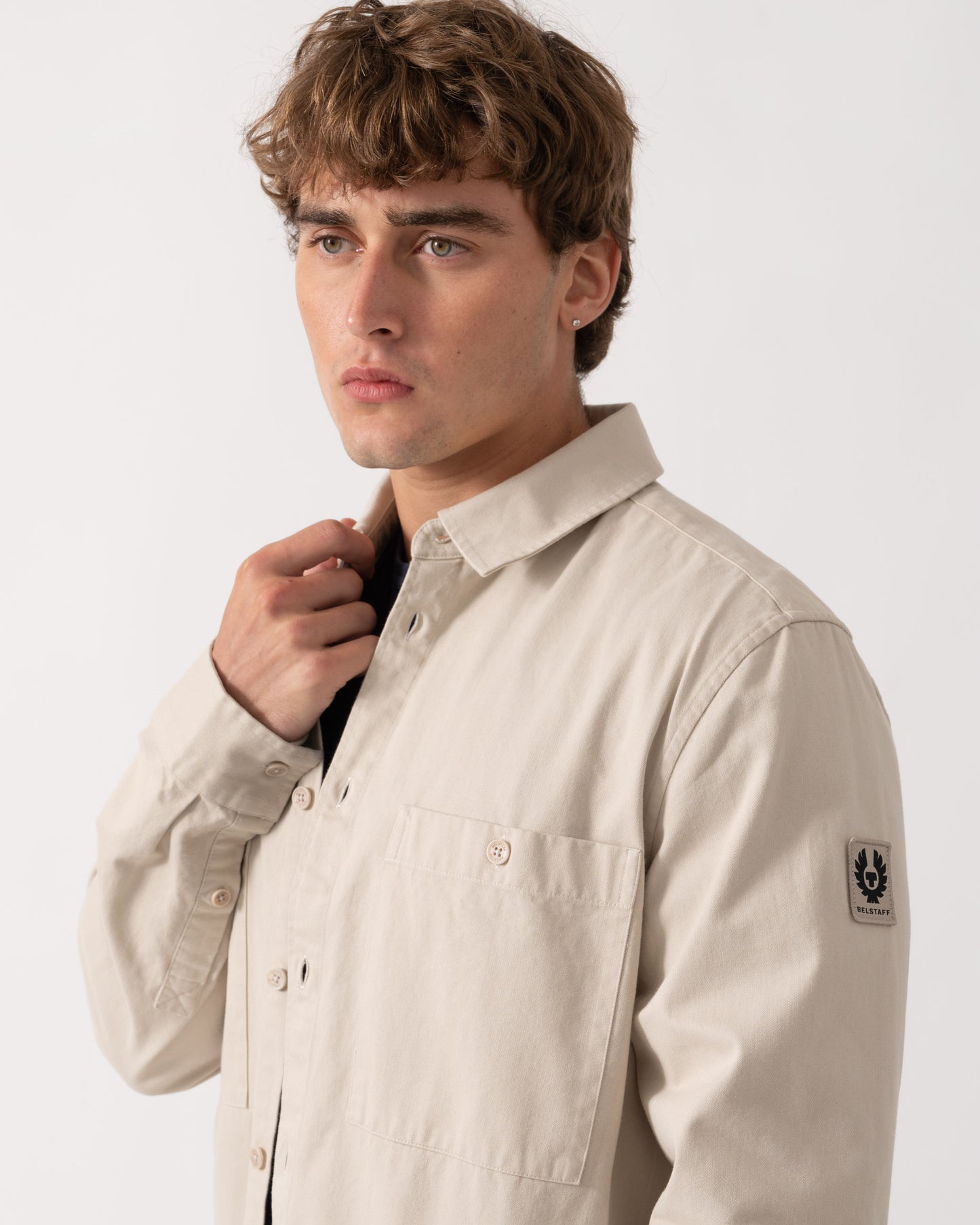 Detail shot of Belstaff Mens Outpost Shirt Cotton Herringbone - Pale Stone