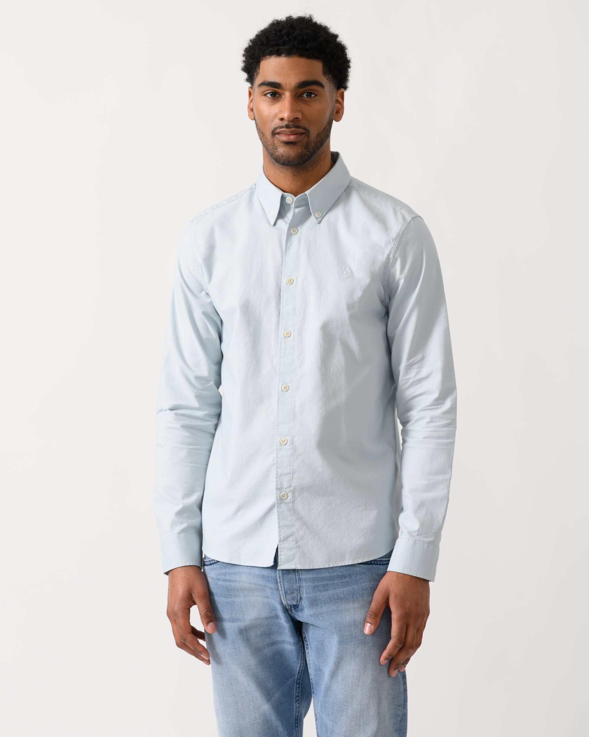 model wearing a Belstaff Mens Street Shirt in Sky Blue