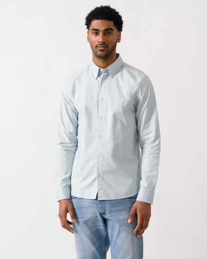 model wearing a Belstaff Mens Street Shirt in Sky Blue