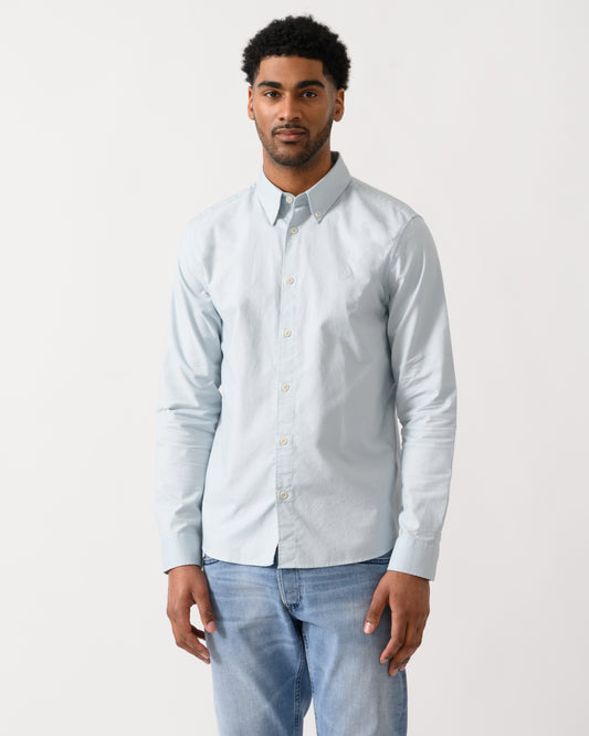 model wearing a Belstaff Mens Street Shirt in Sky Blue