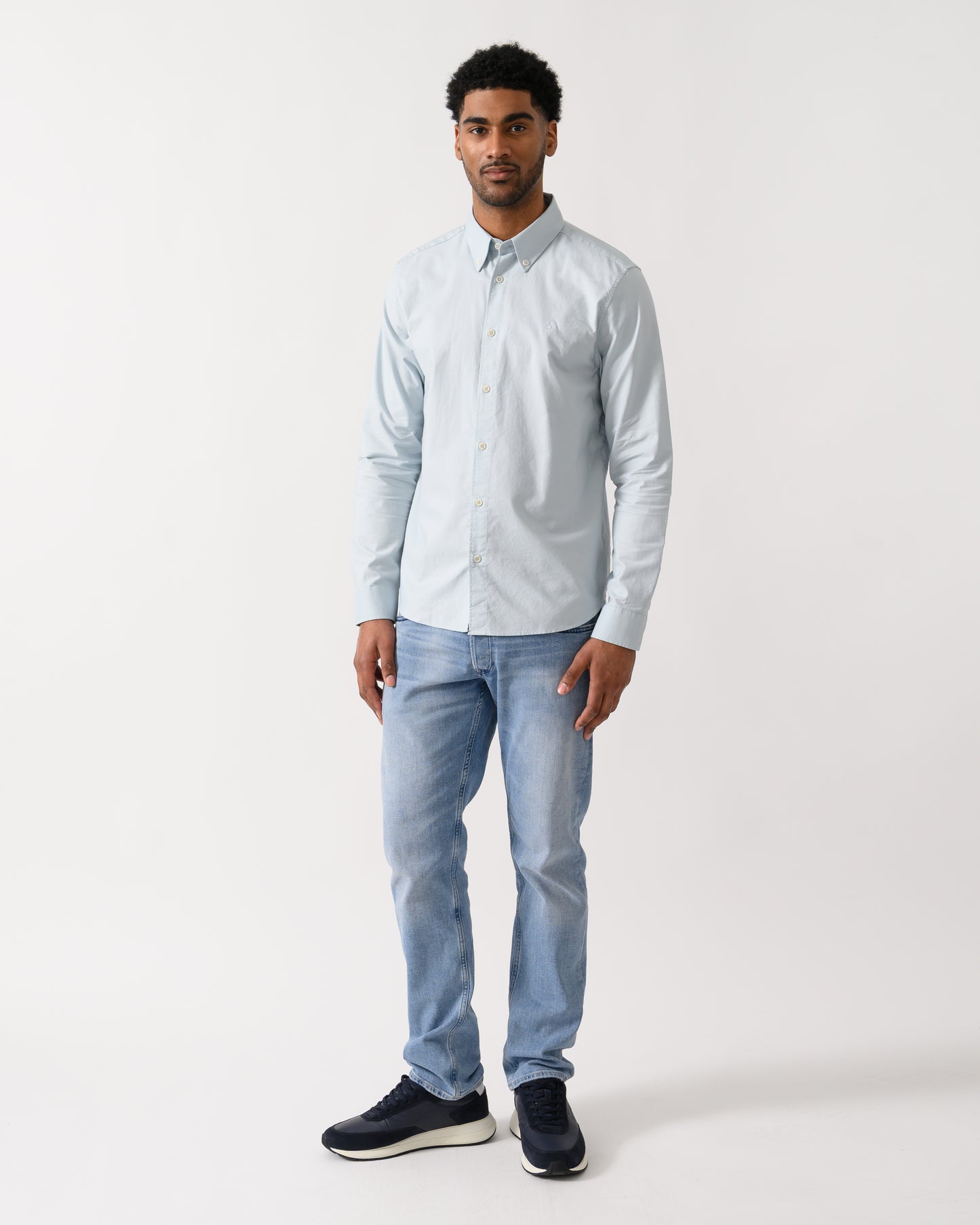 full length shot of a model wearing a Belstaff Mens Street Shirt in Sky Blue