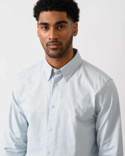 detail shot of a model wearing a Belstaff Mens Street Shirt in Sky Blue