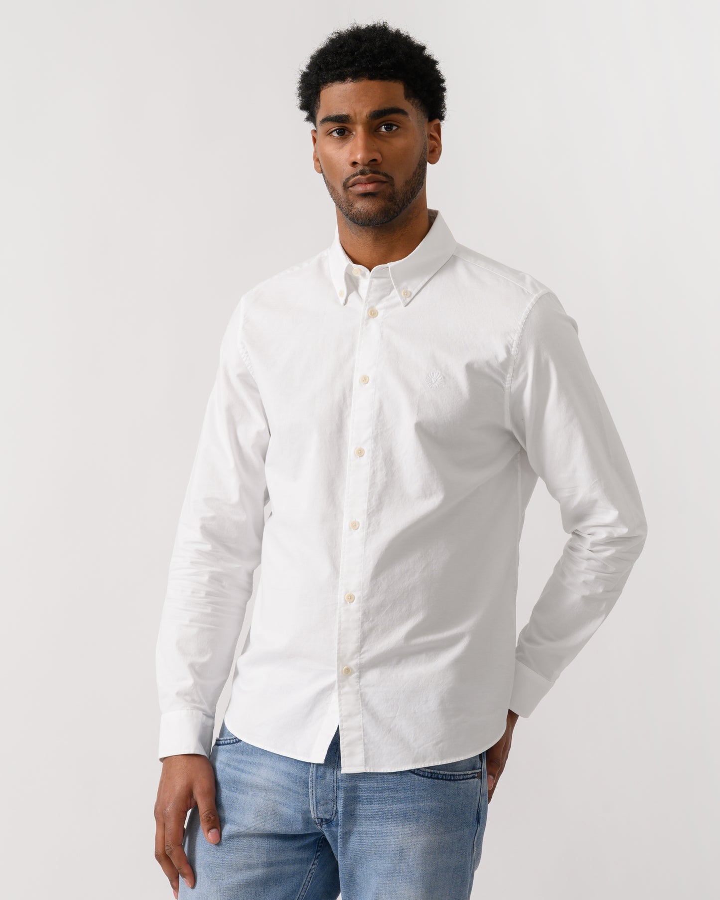 model wearing a Belstaff Mens Street Shirt in White