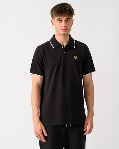 model wearing a Belstaff Mens Tipped Polo Shirt in Black