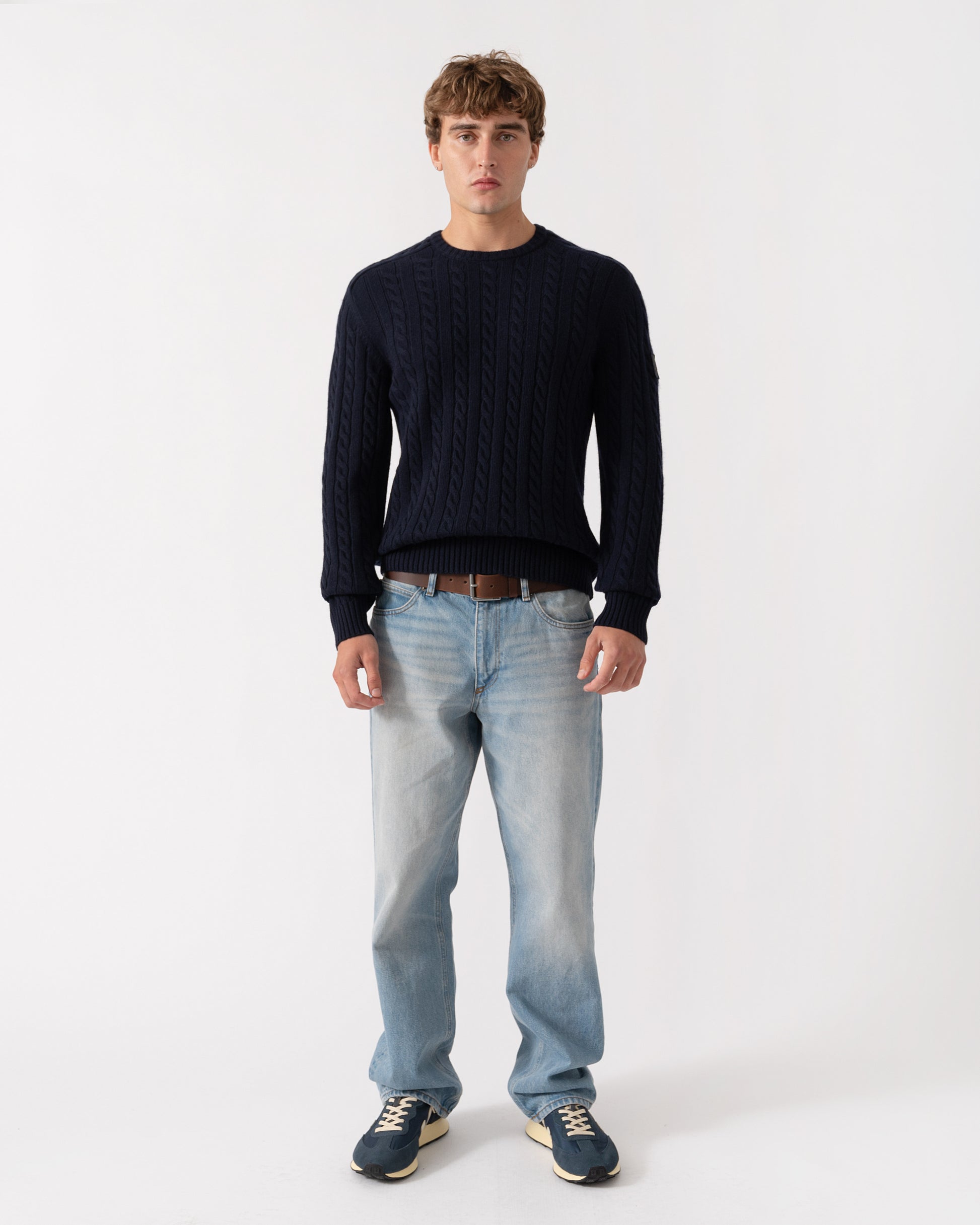 Outfit shot of Belstaff Mens Westport Crew Neck Cable Knit Jumper - Dark Ink