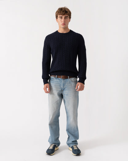 Outfit shot of Belstaff Mens Westport Crew Neck Cable Knit Jumper - Dark Ink