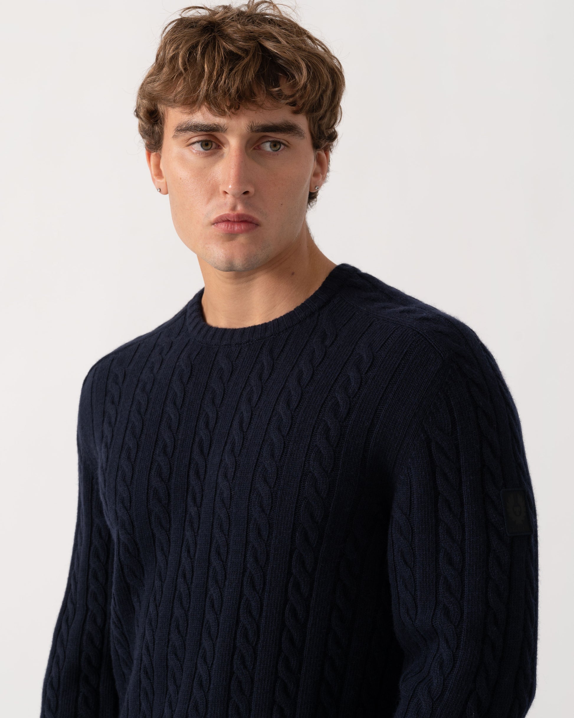 Collar detail of Belstaff Mens Westport Crew Neck Cable Knit Jumper - Dark Ink