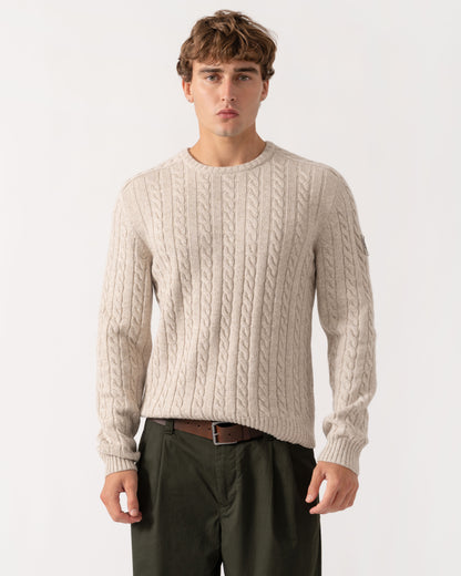 Man wearing Belstaff Mens Westport Crew Neck Cable Knit Jumper - Pale Stone