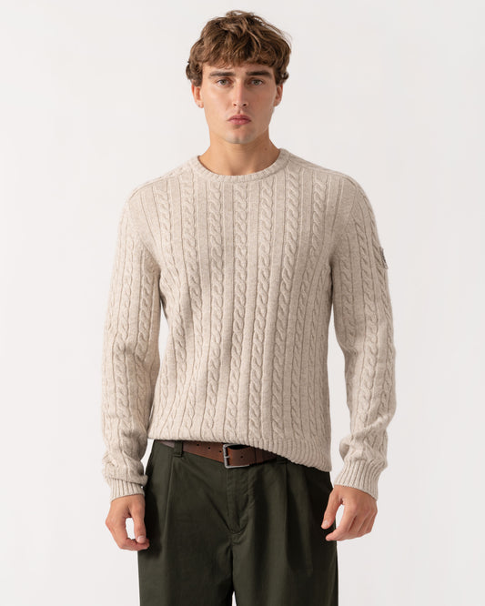 Man wearing Belstaff Mens Westport Crew Neck Cable Knit Jumper - Pale Stone