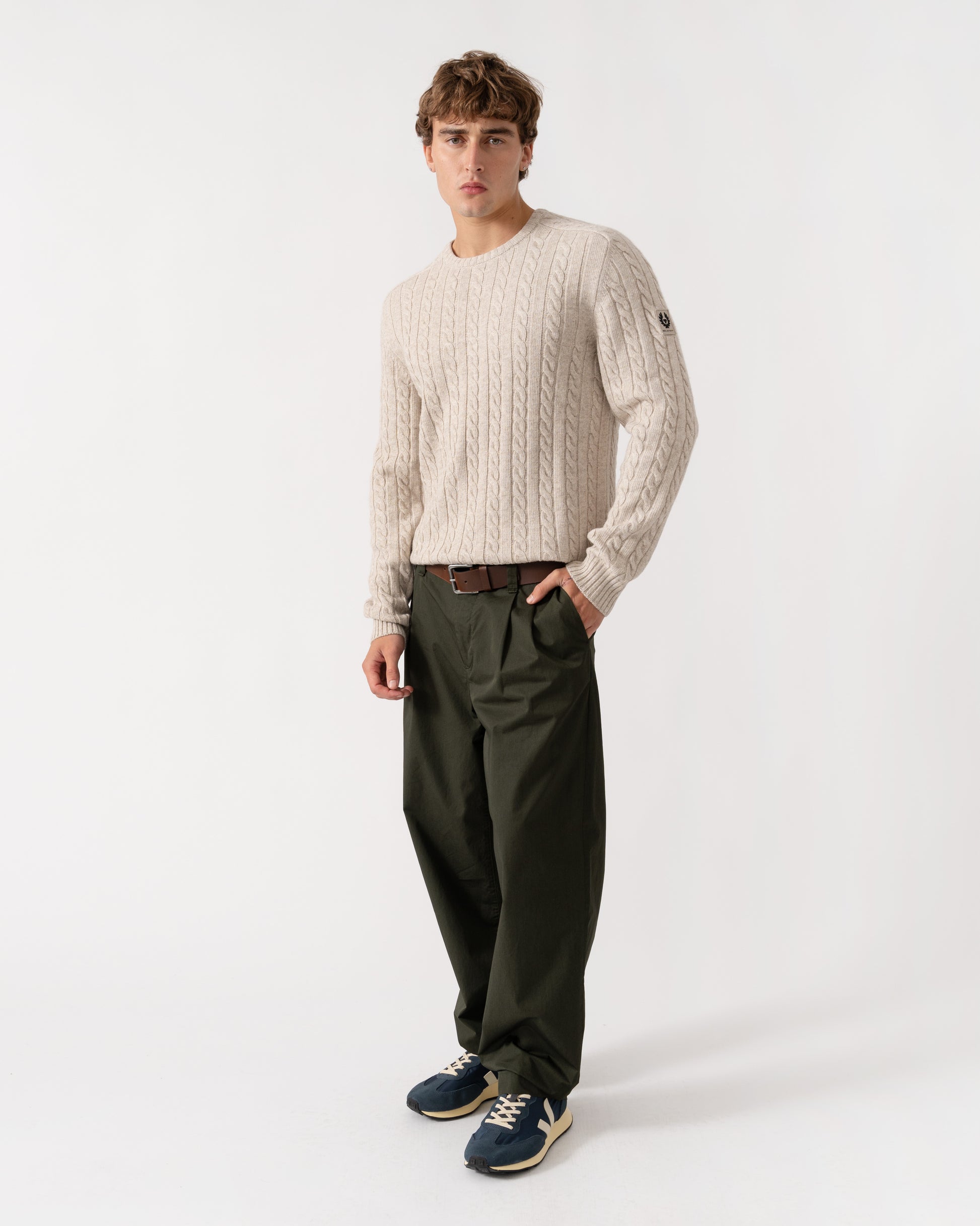 Outfit shot of Belstaff Mens Westport Crew Neck Cable Knit Jumper - Pale Stone