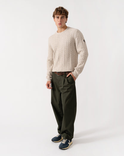 Outfit shot of Belstaff Mens Westport Crew Neck Cable Knit Jumper - Pale Stone