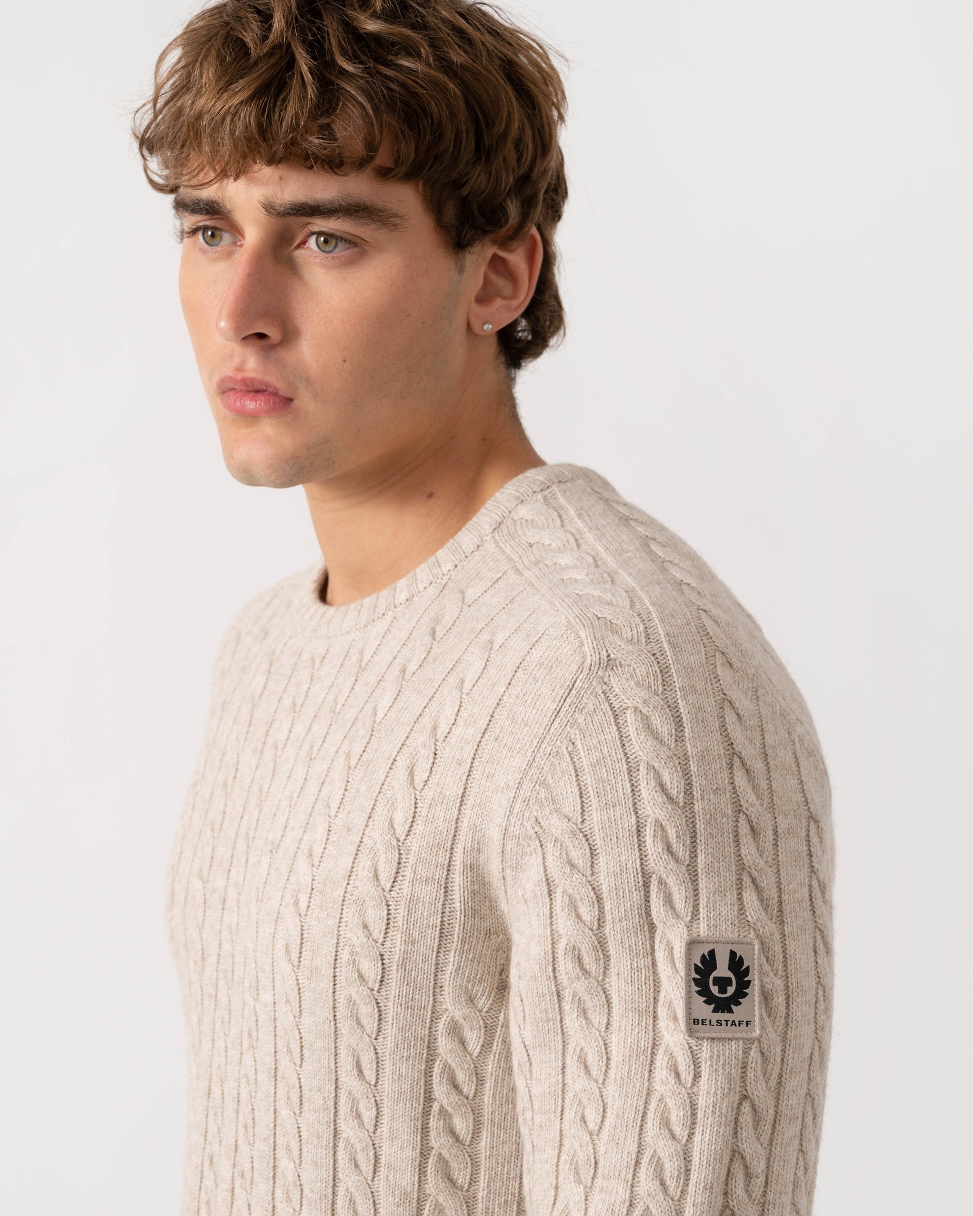 Detail of Belstaff Mens Westport Crew Neck Cable Knit Jumper - Pale Stone
