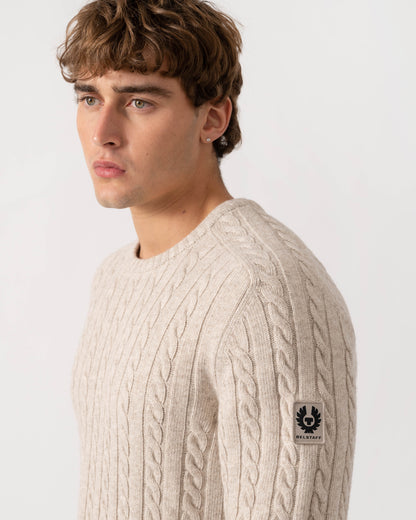 Detail of Belstaff Mens Westport Crew Neck Cable Knit Jumper - Pale Stone