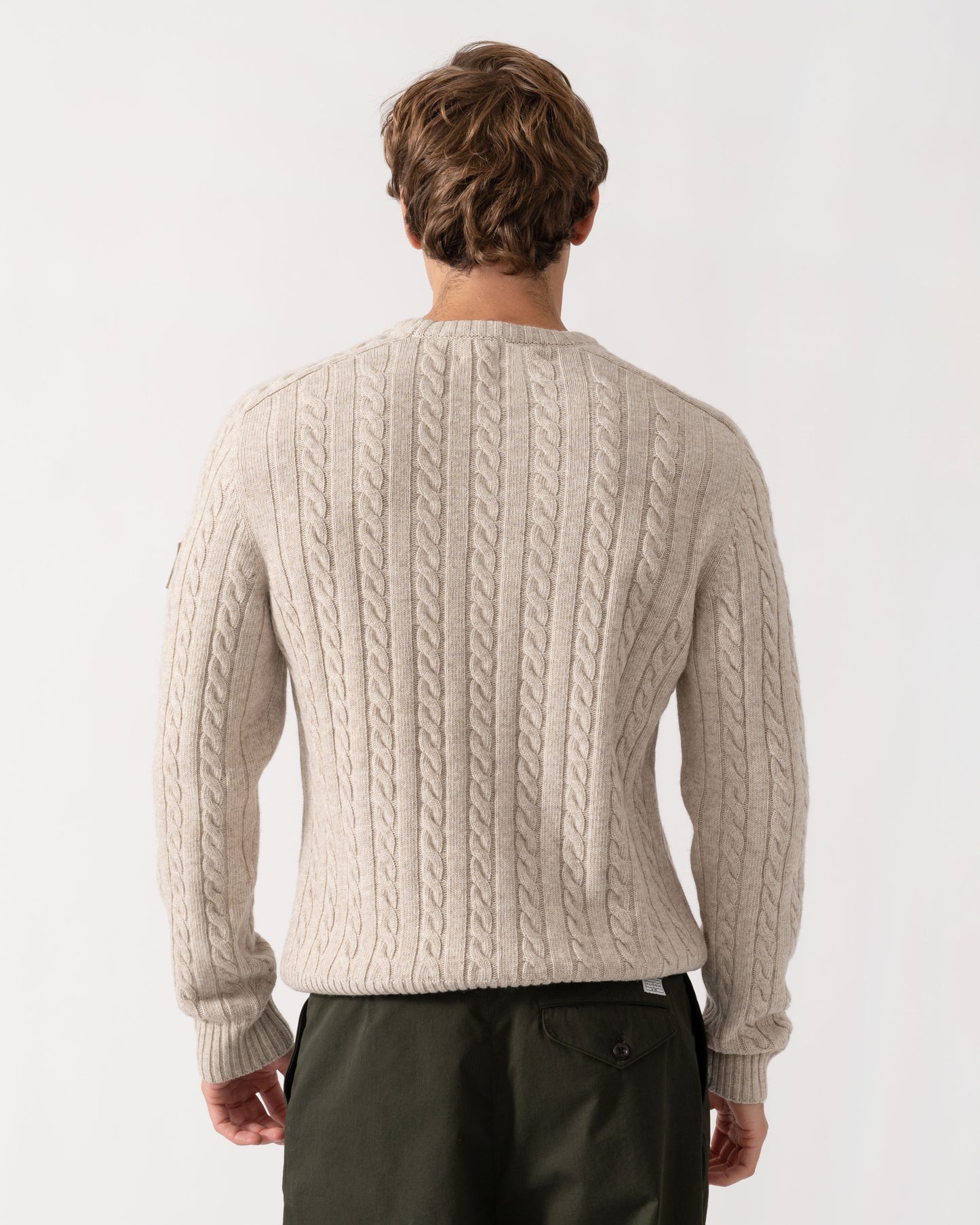 Back of Belstaff Mens Westport Crew Neck Cable Knit Jumper - Pale Stone