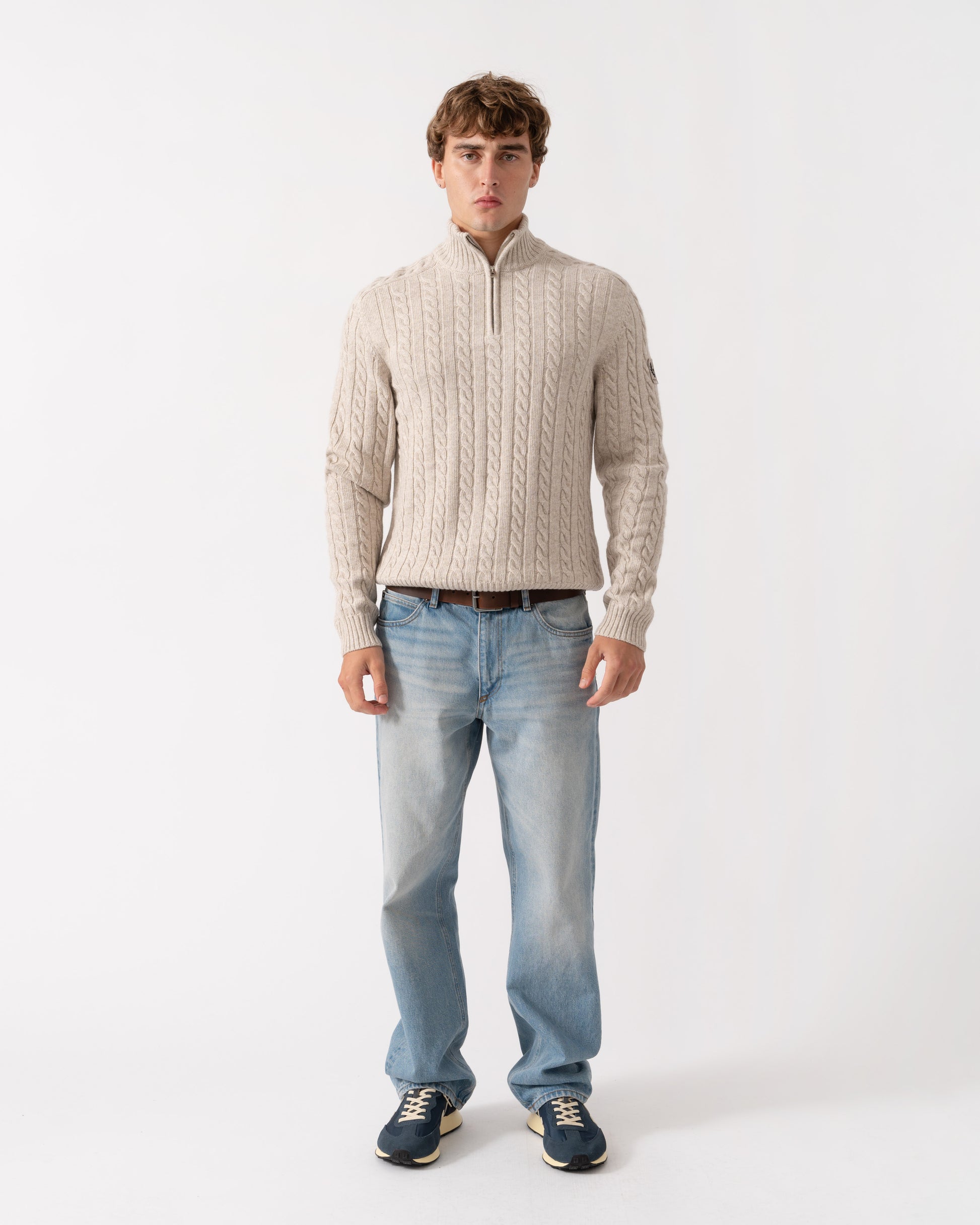 Outfit shot of Belstaff Mens Westport Quarter Zip Cable Knit Jumper - Pale Stone