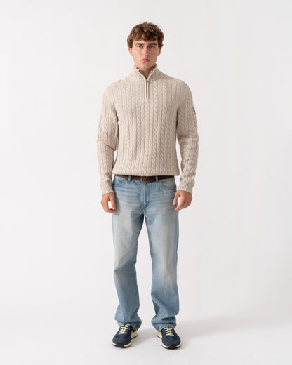 Outfit shot of Belstaff Mens Westport Quarter Zip Cable Knit Jumper - Pale Stone