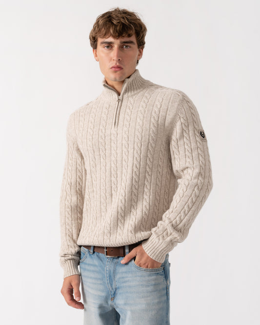 Model wearing Belstaff Mens Westport Quarter Zip Cable Knit Jumper - Pale Stone