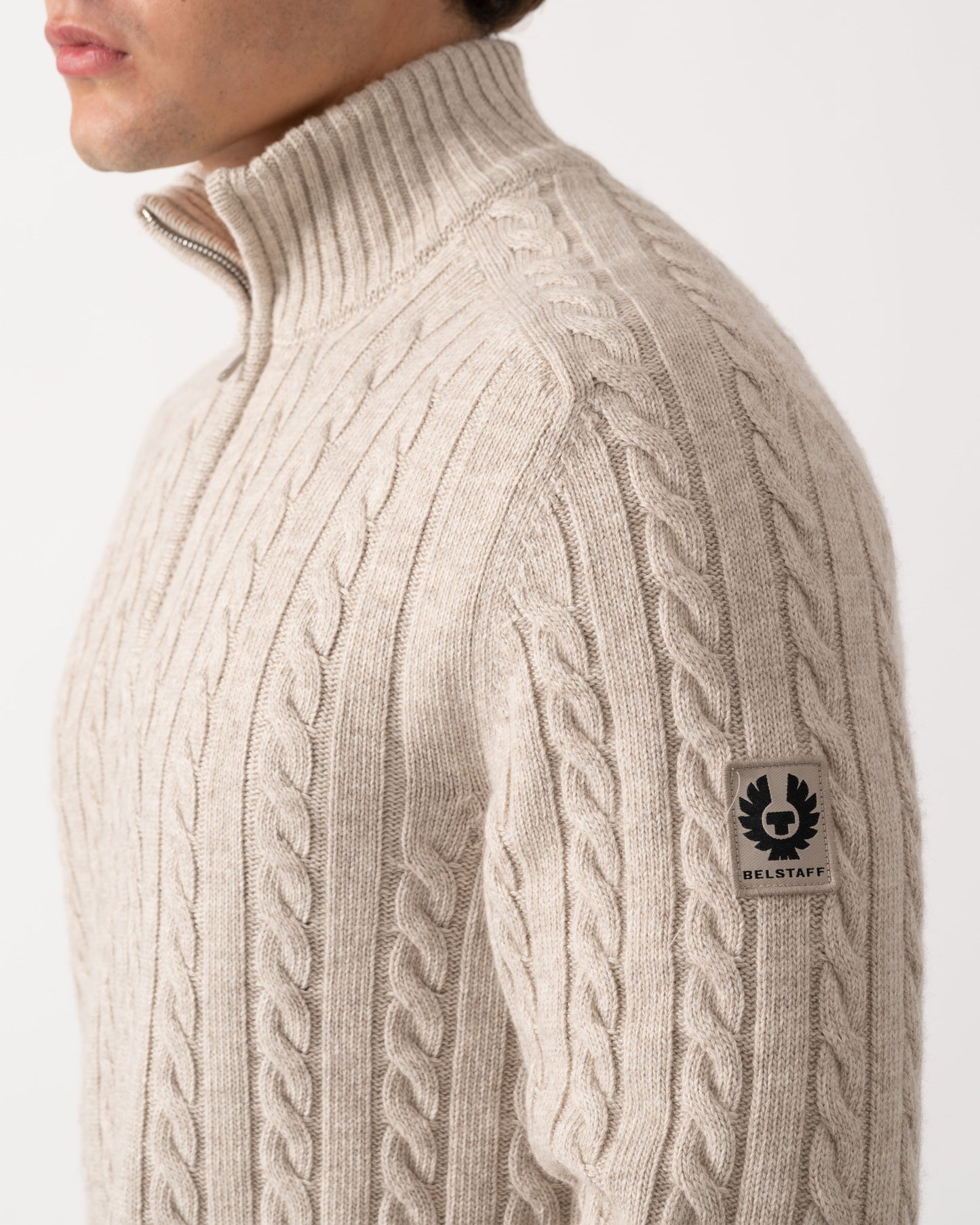 Close up of Belstaff Mens Westport Quarter Zip Cable Knit Jumper - Pale Stone