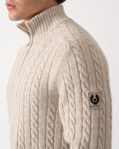 Close up of Belstaff Mens Westport Quarter Zip Cable Knit Jumper - Pale Stone