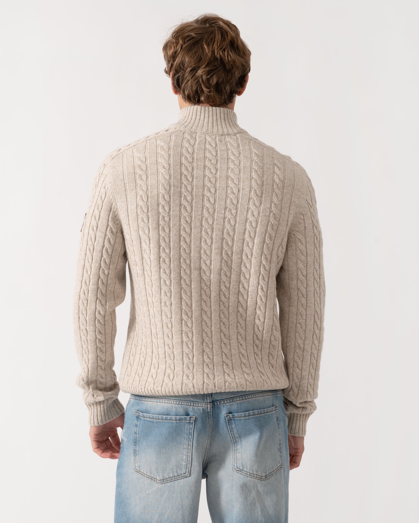 Back of Belstaff Mens Westport Quarter Zip Cable Knit Jumper - Pale Stone