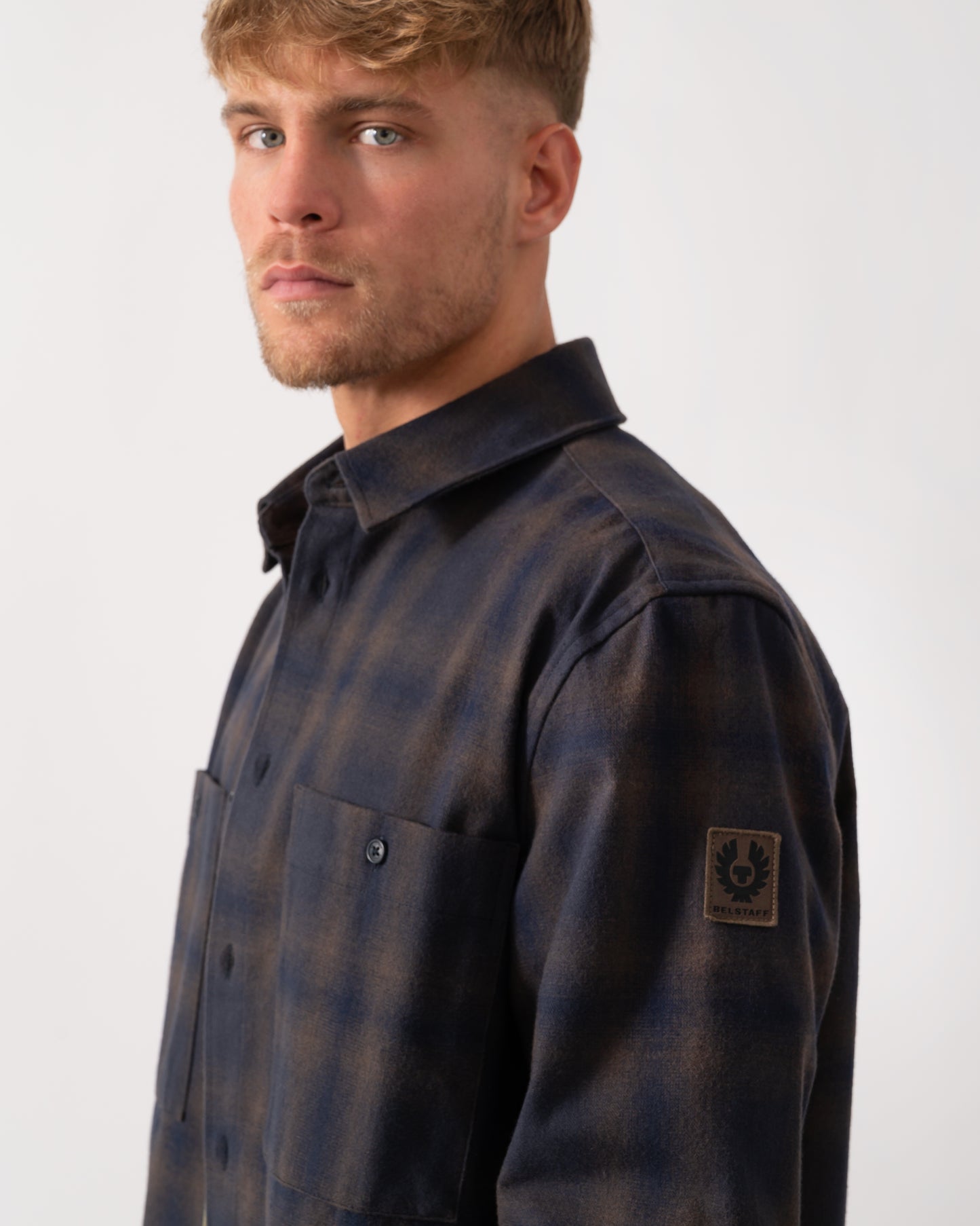 Belstaff Outpost Mens Flannel Shirt - Major Brown/Dark Ink/Charcoal - CHO - Designer Mens Long Sleeve Shirts
