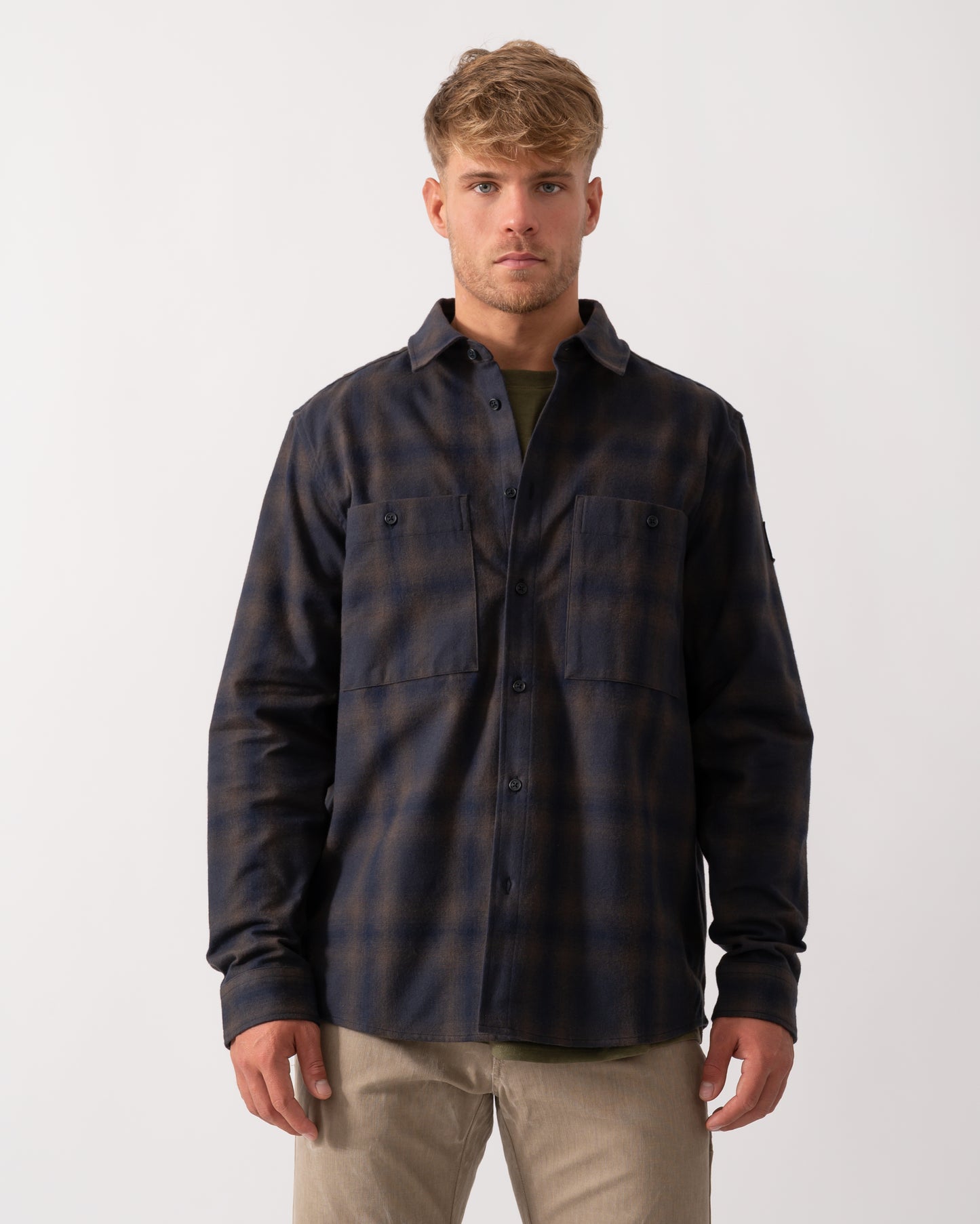 Belstaff Outpost Mens Flannel Shirt - Major Brown/Dark Ink/Charcoal - CHO - Designer Mens Long Sleeve Shirts