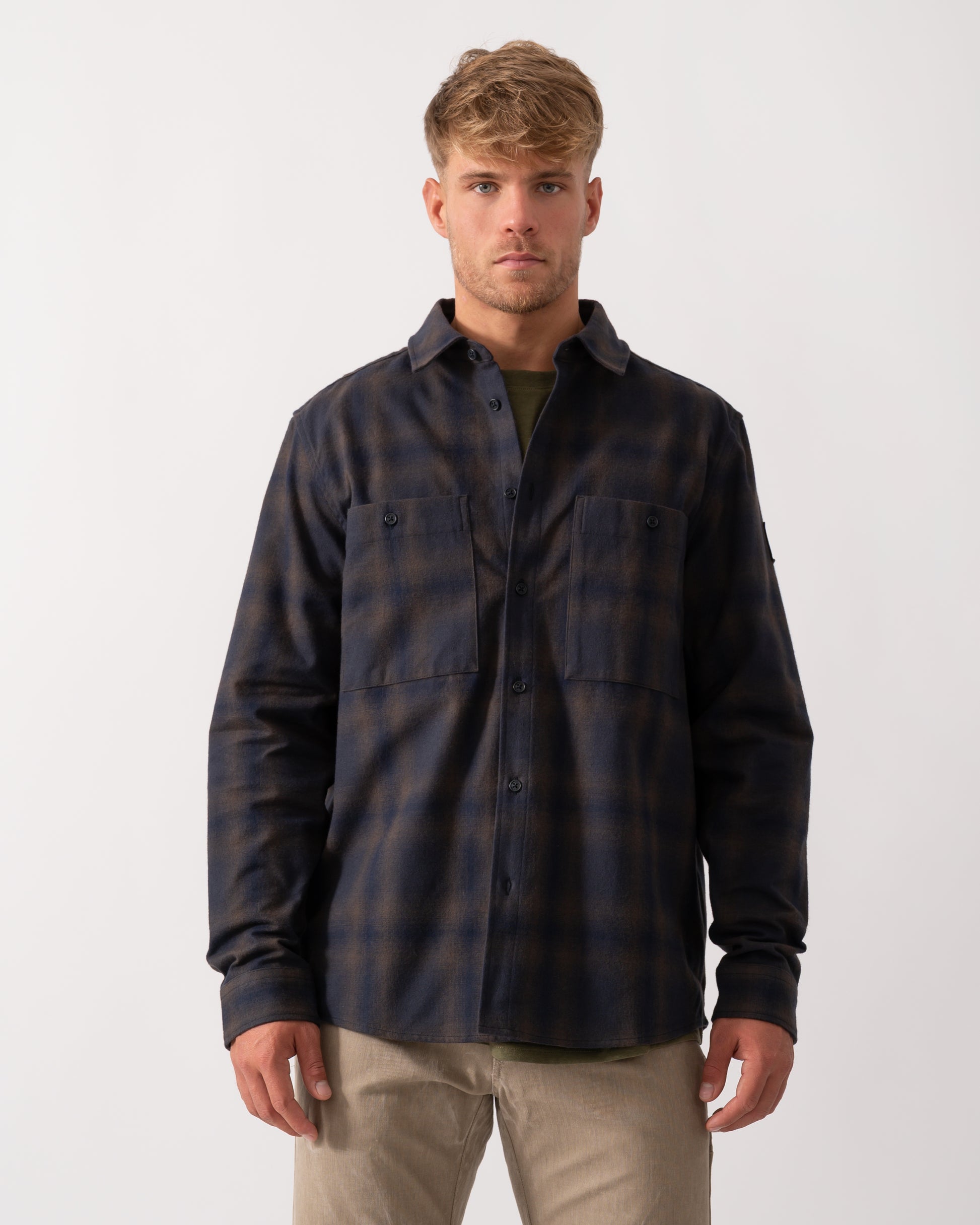 Belstaff Outpost Mens Flannel Shirt - Major Brown/Dark Ink/Charcoal - CHO - Designer Mens Long Sleeve Shirts