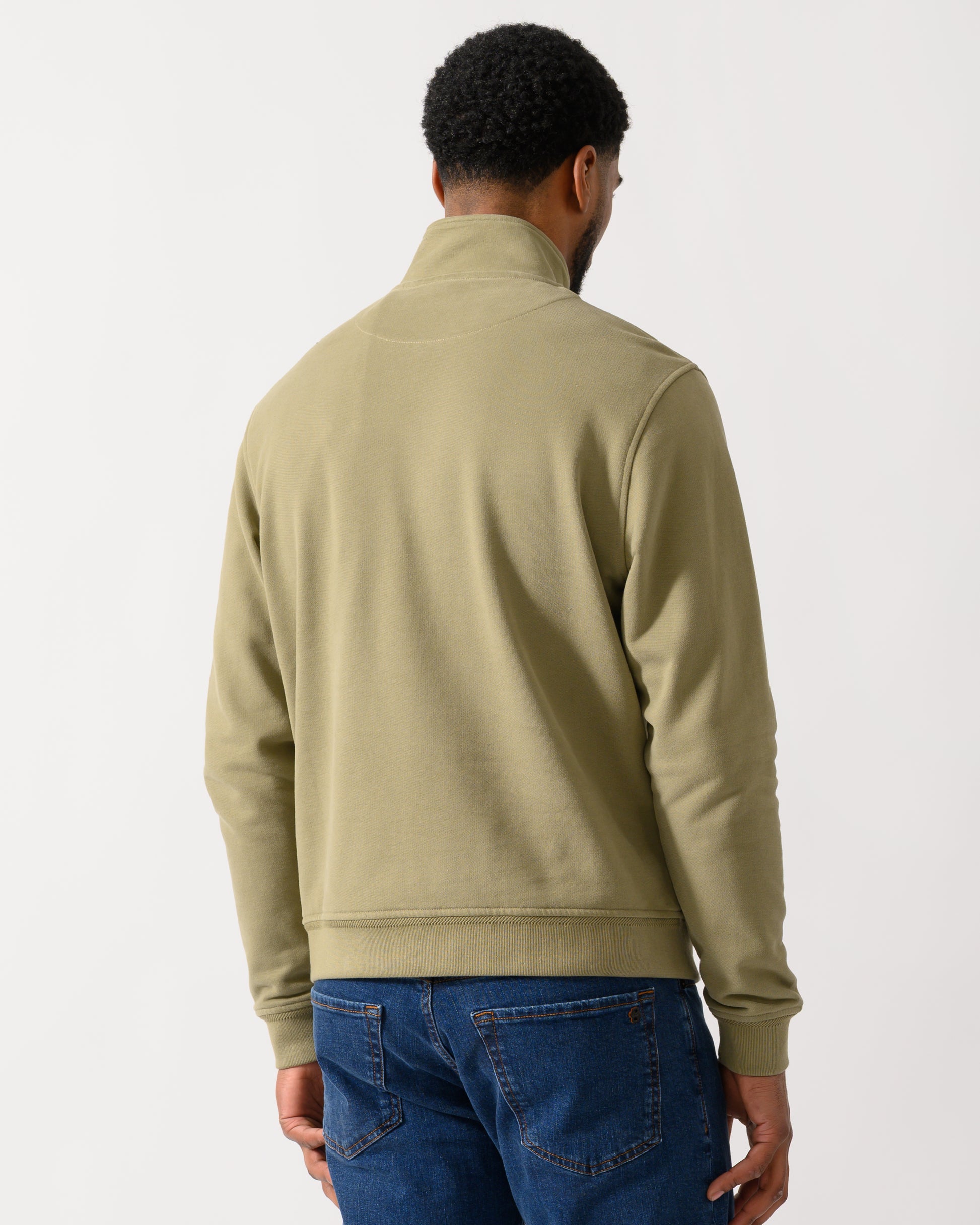 back shot of a Model wearing a Belstaff Quarter Zip Sweatshirt in Fatigue Green