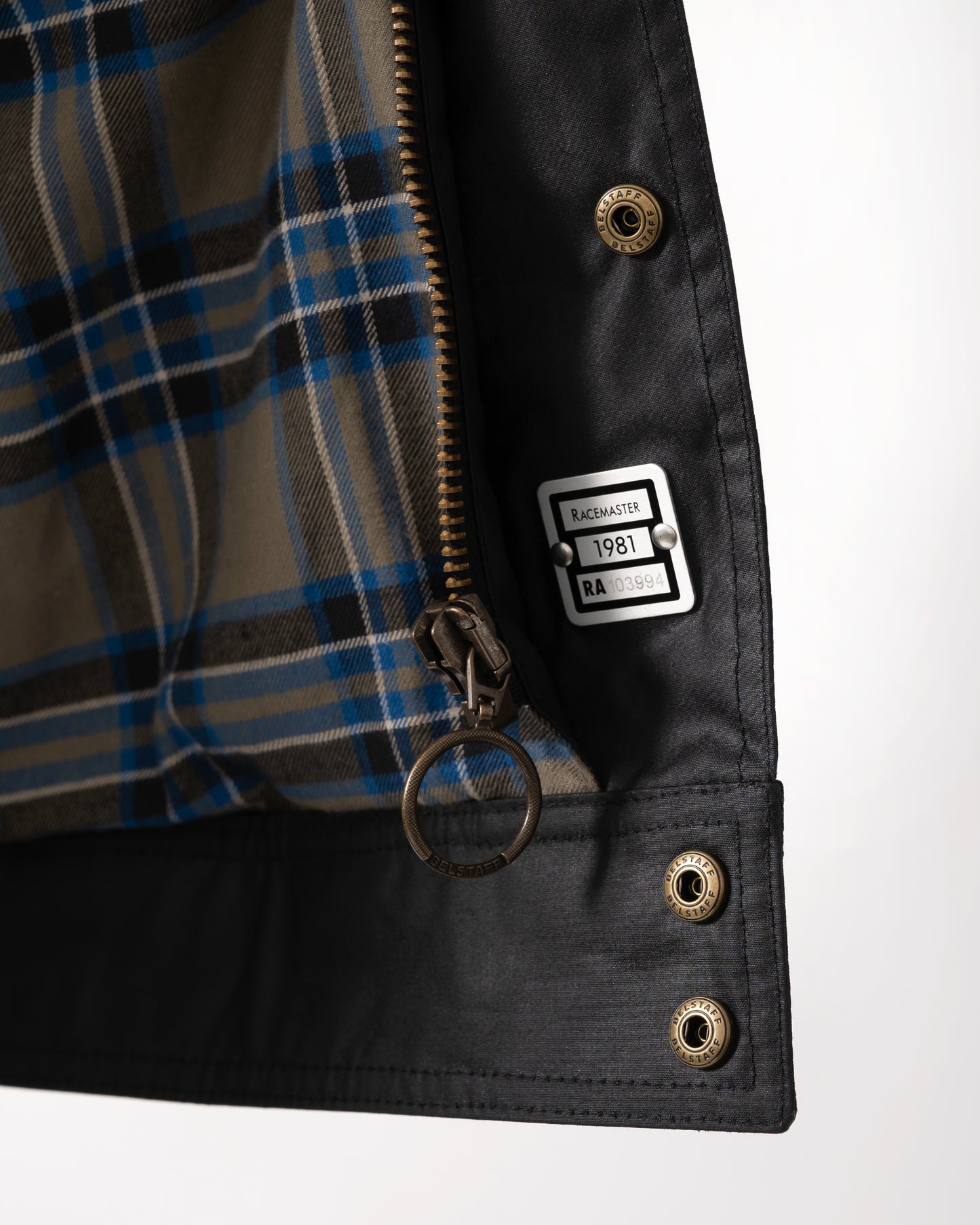 serial number detail shot of a Belstaff Racemaster Mens Waxed Cotton Compact Field Jacket in Black