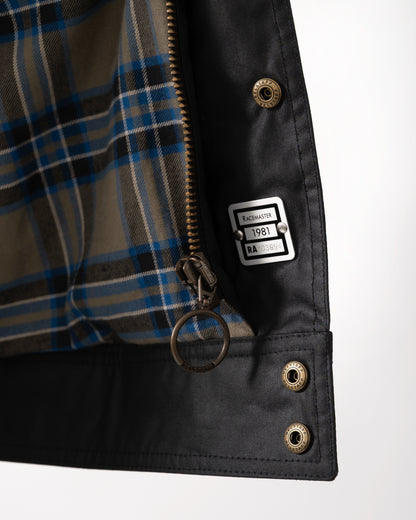 serial number detail shot of a Belstaff Racemaster Mens Waxed Cotton Compact Field Jacket in Black
