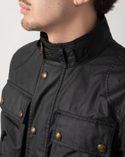 collar and button details of a Belstaff Racemaster Mens Waxed Cotton Compact Field Jacket in Black