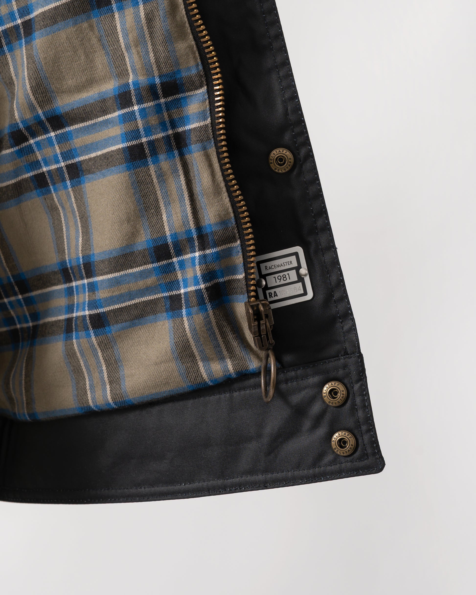 serial number detail shot of a Belstaff Racemaster Mens Waxed Cotton Compact Field Jacket in Dark Navy