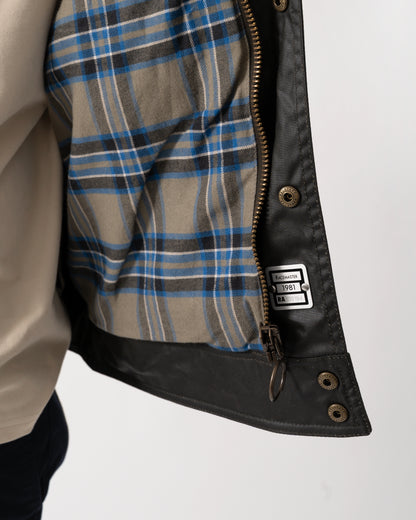serial number detail of a Belstaff Racemaster Mens Waxed Cotton Compact Field Jacket in Faded Olive
