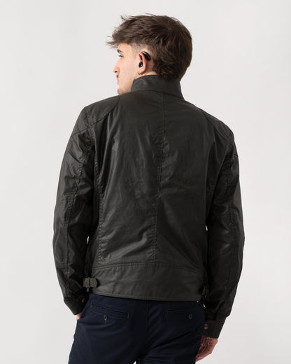 back of a Belstaff Racemaster Mens Waxed Cotton Compact Field Jacket in Faded Olive