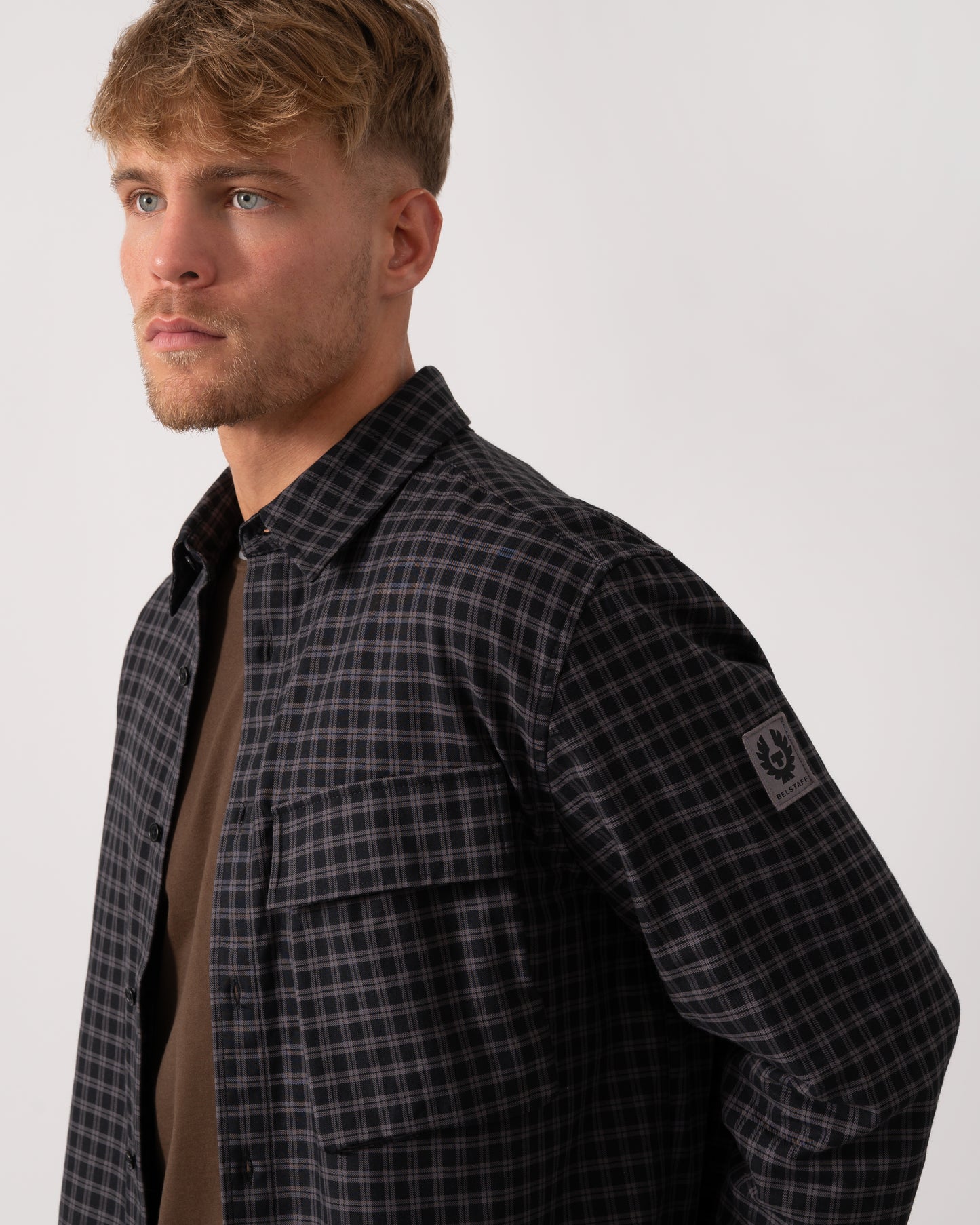 Belstaff Scale Mens Long Sleeve Check Shirt - Black / Tornado Grey - CHO - Designer Mens Long Sleeve Shirts
