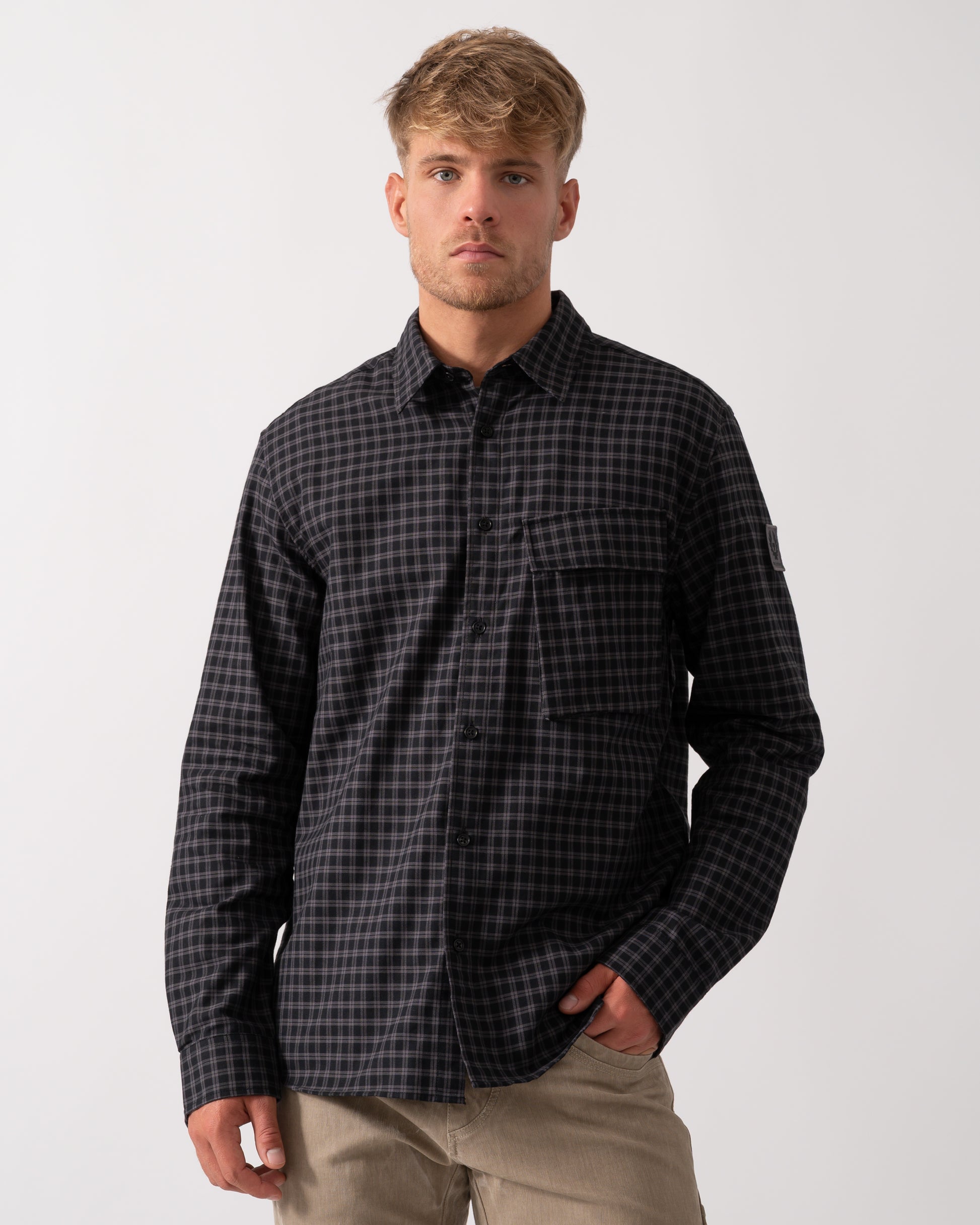 Belstaff Scale Mens Long Sleeve Check Shirt - Black / Tornado Grey - CHO - Designer Mens Long Sleeve Shirts