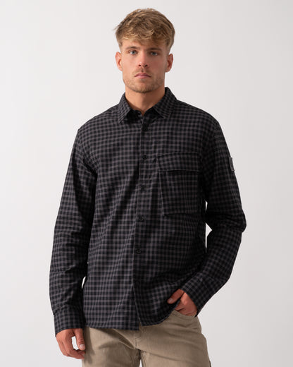 Belstaff Scale Mens Long Sleeve Check Shirt - Black / Tornado Grey - CHO - Designer Mens Long Sleeve Shirts