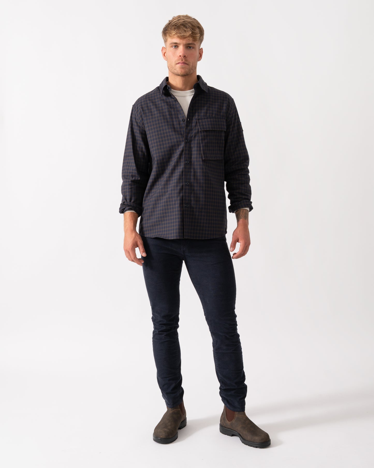 Belstaff Scale Mens Long Sleeve Check Shirt - Dark Ink / Major Brown - CHO - Designer Mens Long Sleeve Shirts