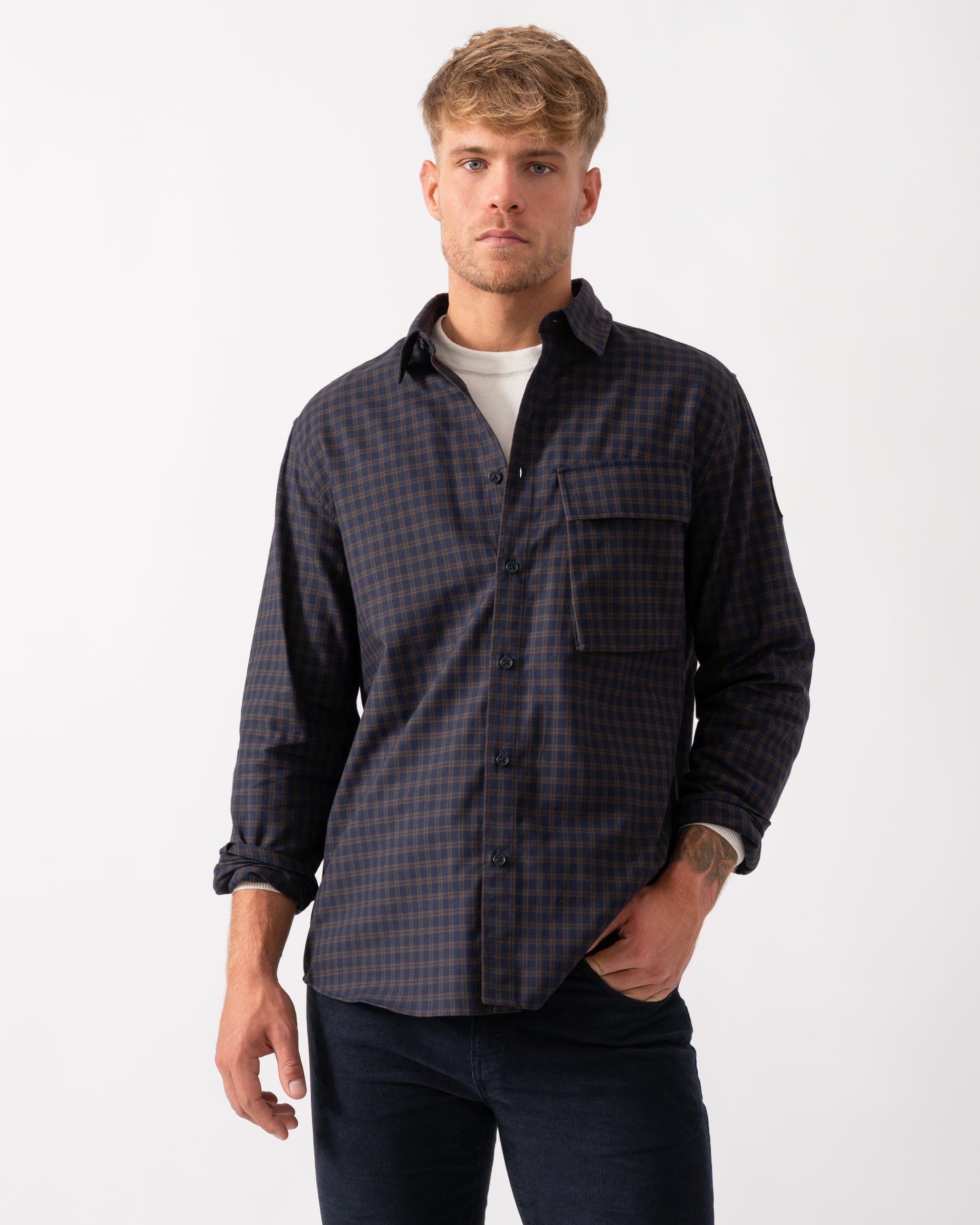 Belstaff Scale Mens Long Sleeve Check Shirt - Dark Ink / Major Brown - CHO - Designer Mens Long Sleeve Shirts