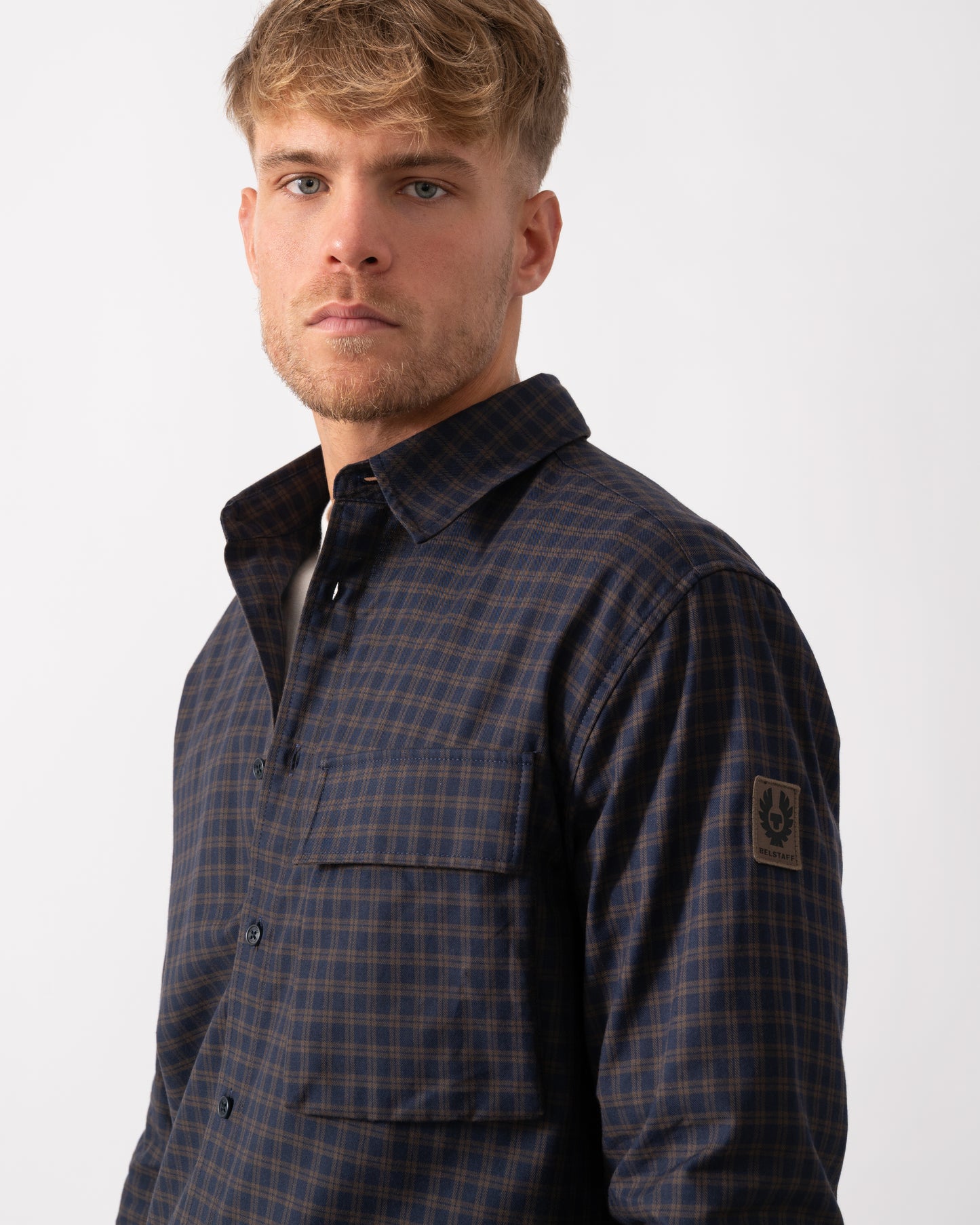 Belstaff Scale Mens Long Sleeve Check Shirt - Dark Ink / Major Brown - CHO - Designer Mens Long Sleeve Shirts