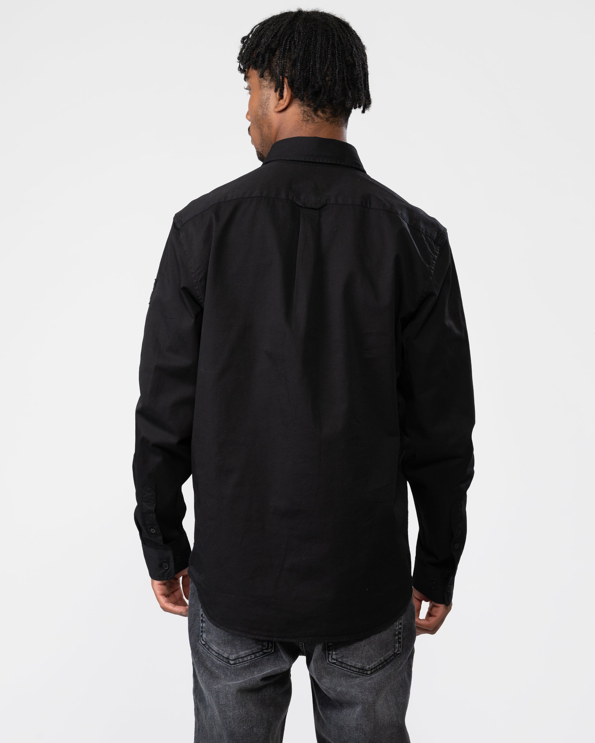 Back shot of a Model wearing a Belstaff Scale Mens Shirt in Black
