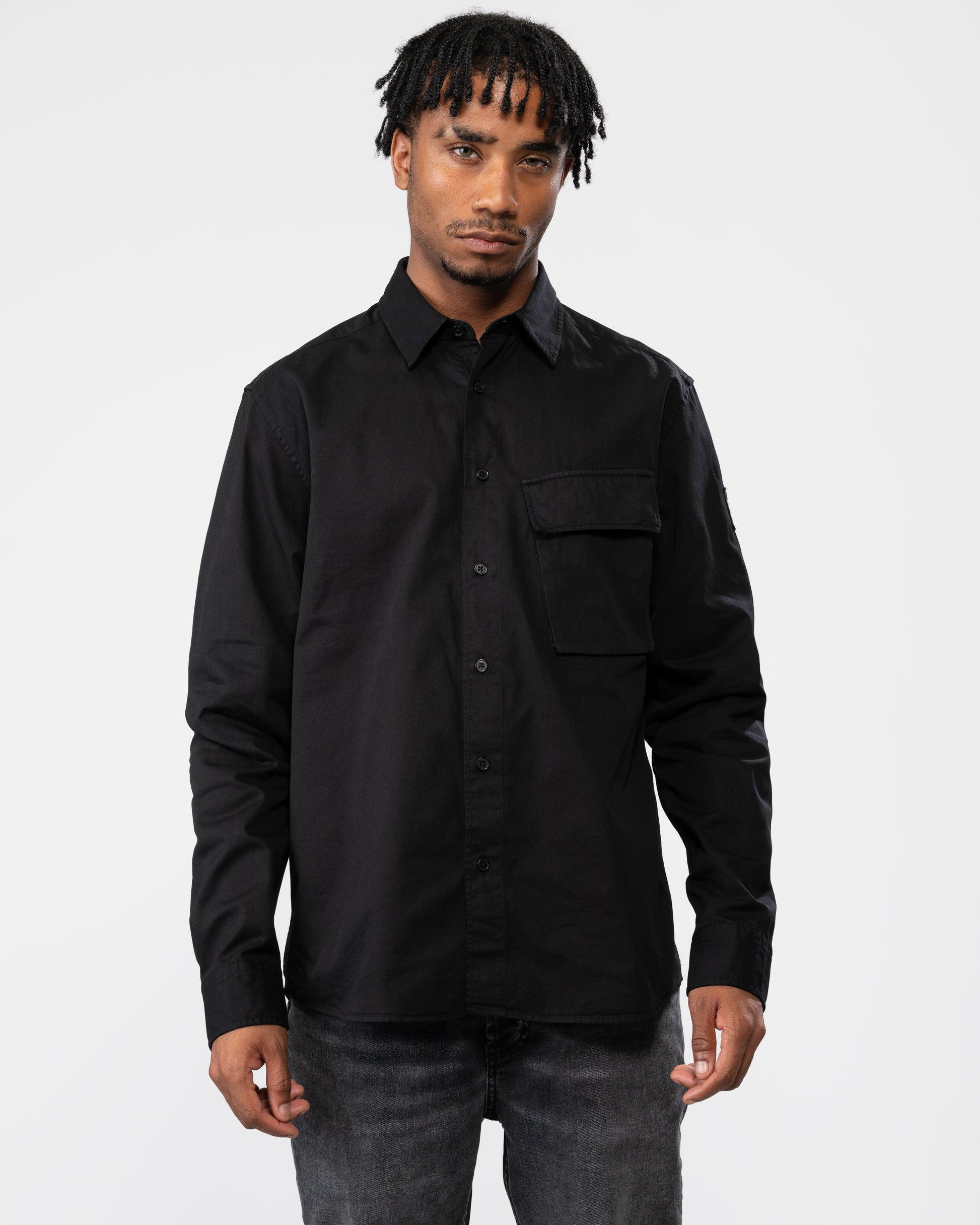 Model wearing a Belstaff Scale Mens Shirt in Black