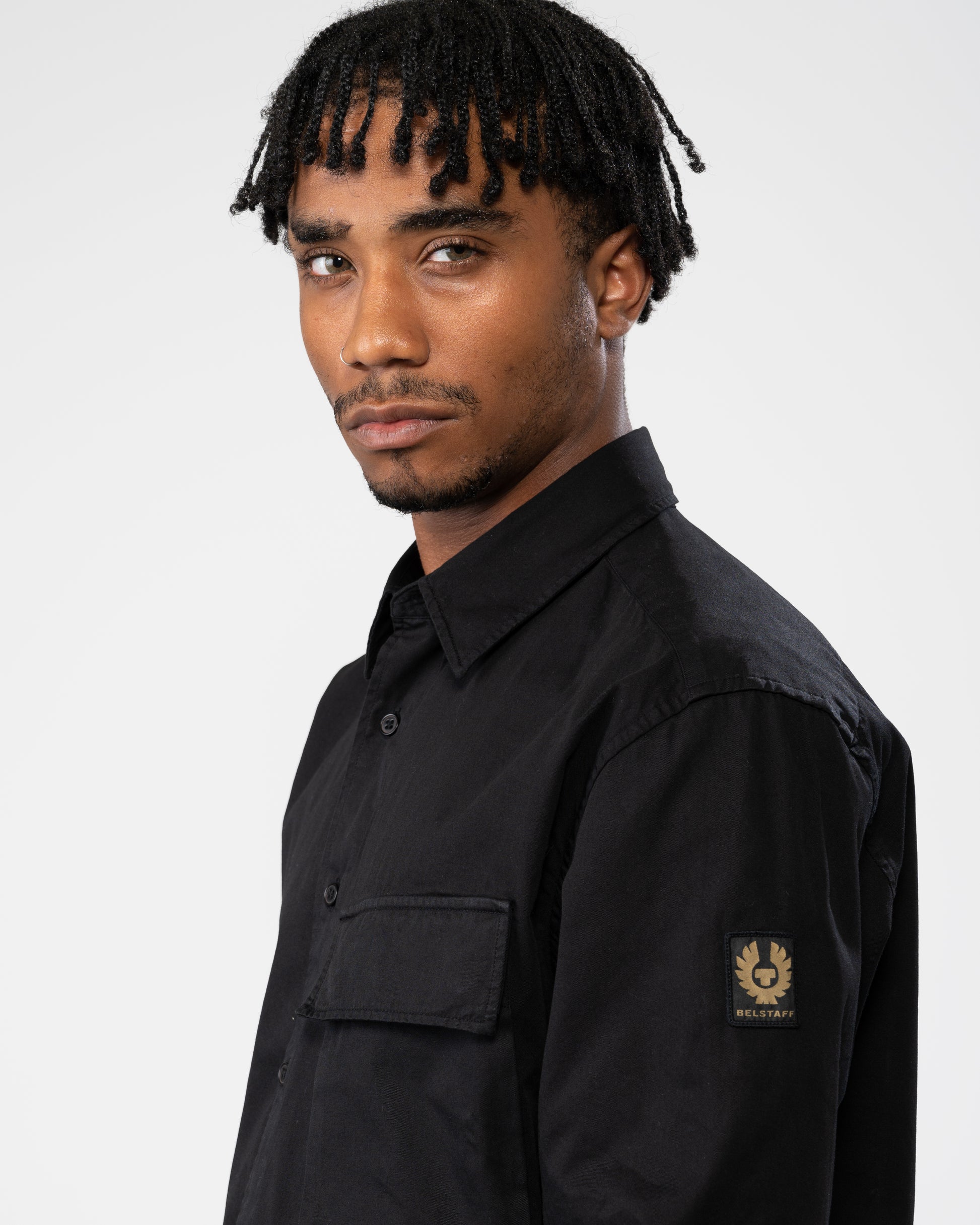 Detail a shot of a Model wearing a Belstaff Scale Mens Shirt in Black